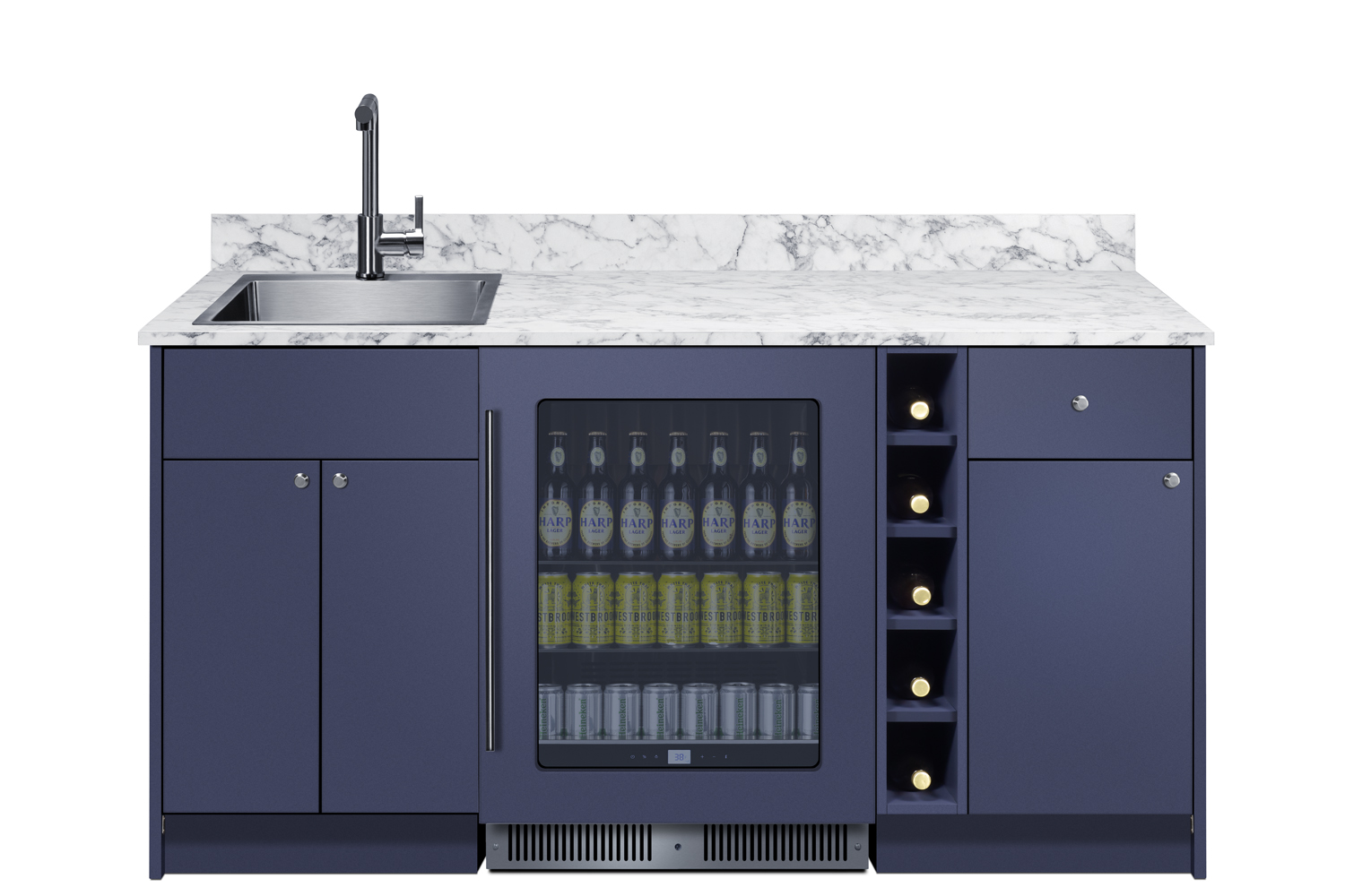 Turnkey Oasis Wet Bar featuring pre-assembled cabinetry and countertop with stainless steel sink, glass door beverage center, wine cubby, and storage cabinetry; ships in two boxes on one pallet